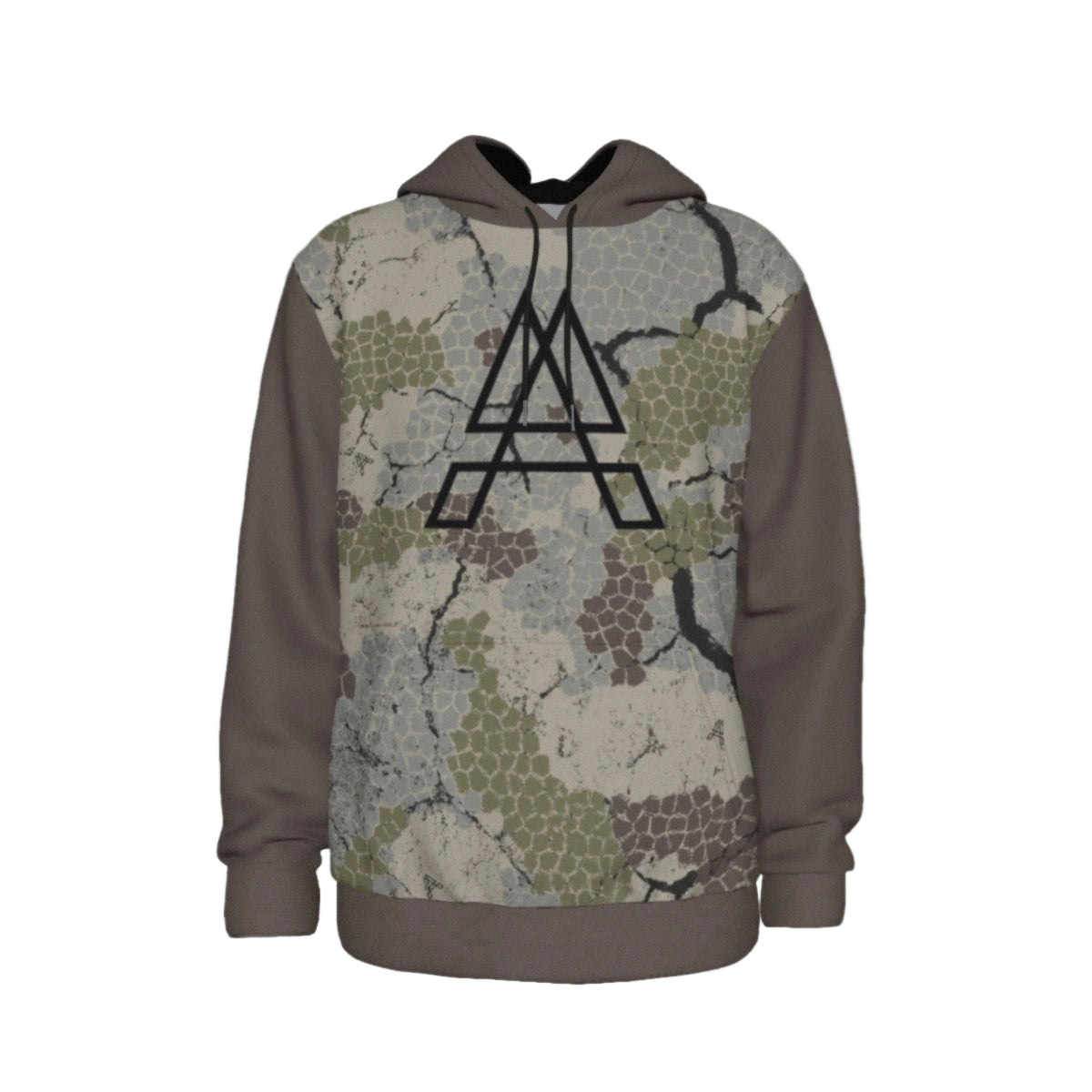 Hoodie with camouflage pattern and black logo on a white background