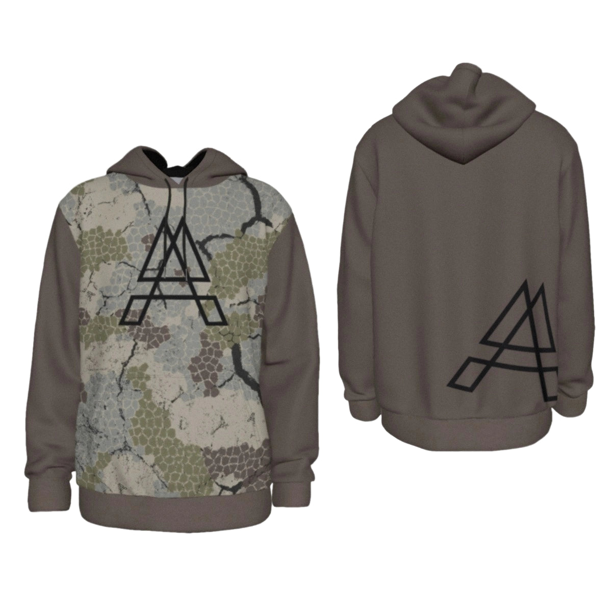 Hoodie with camouflage front and black Arcane Gear symbol on back, shown from front and back views.