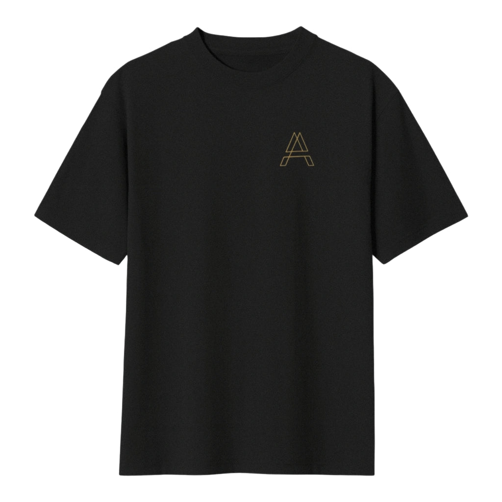 Black t-shirt with a gold Arcane Gear logo on a white background