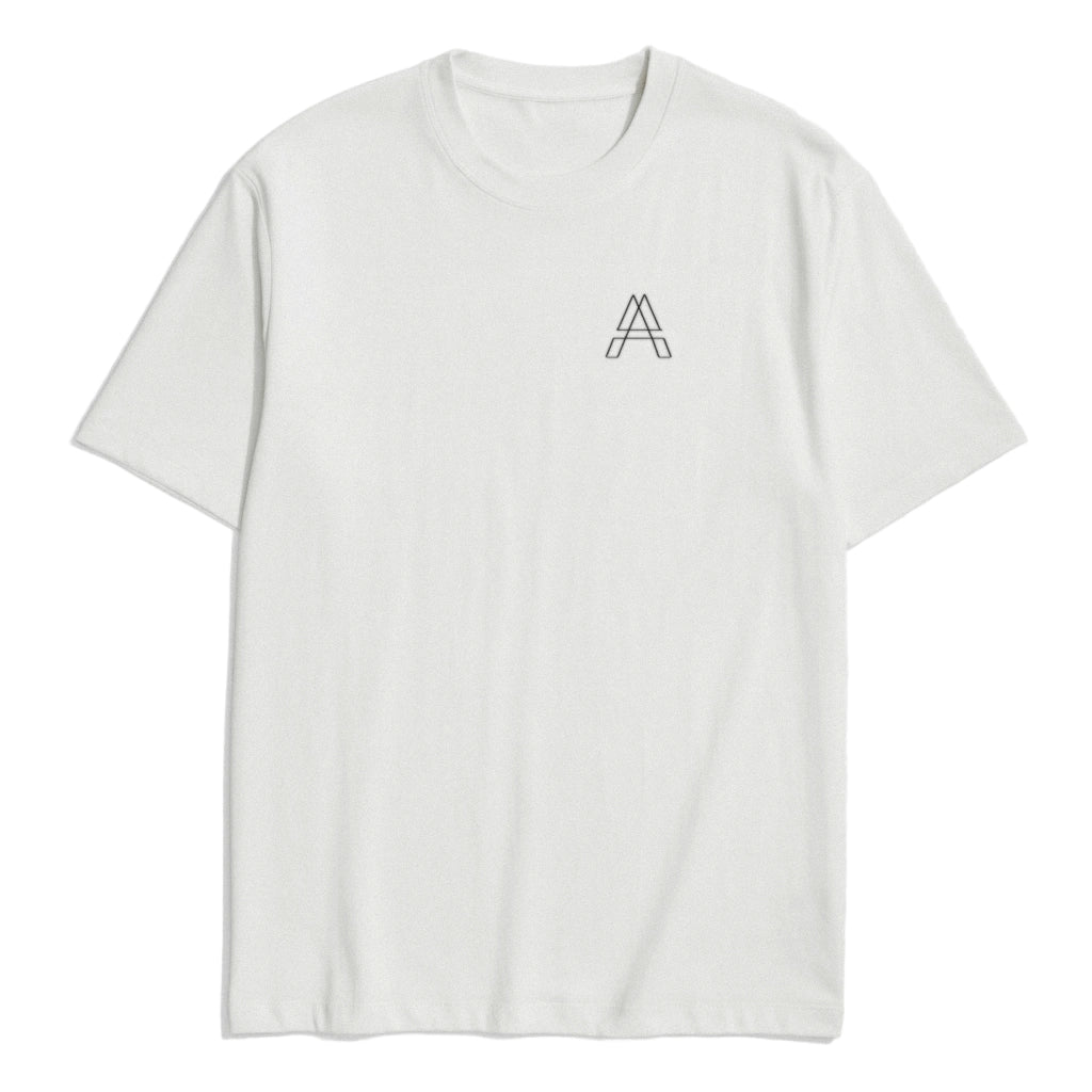White t-shirt with a small Arcane Gear logo on a white background
