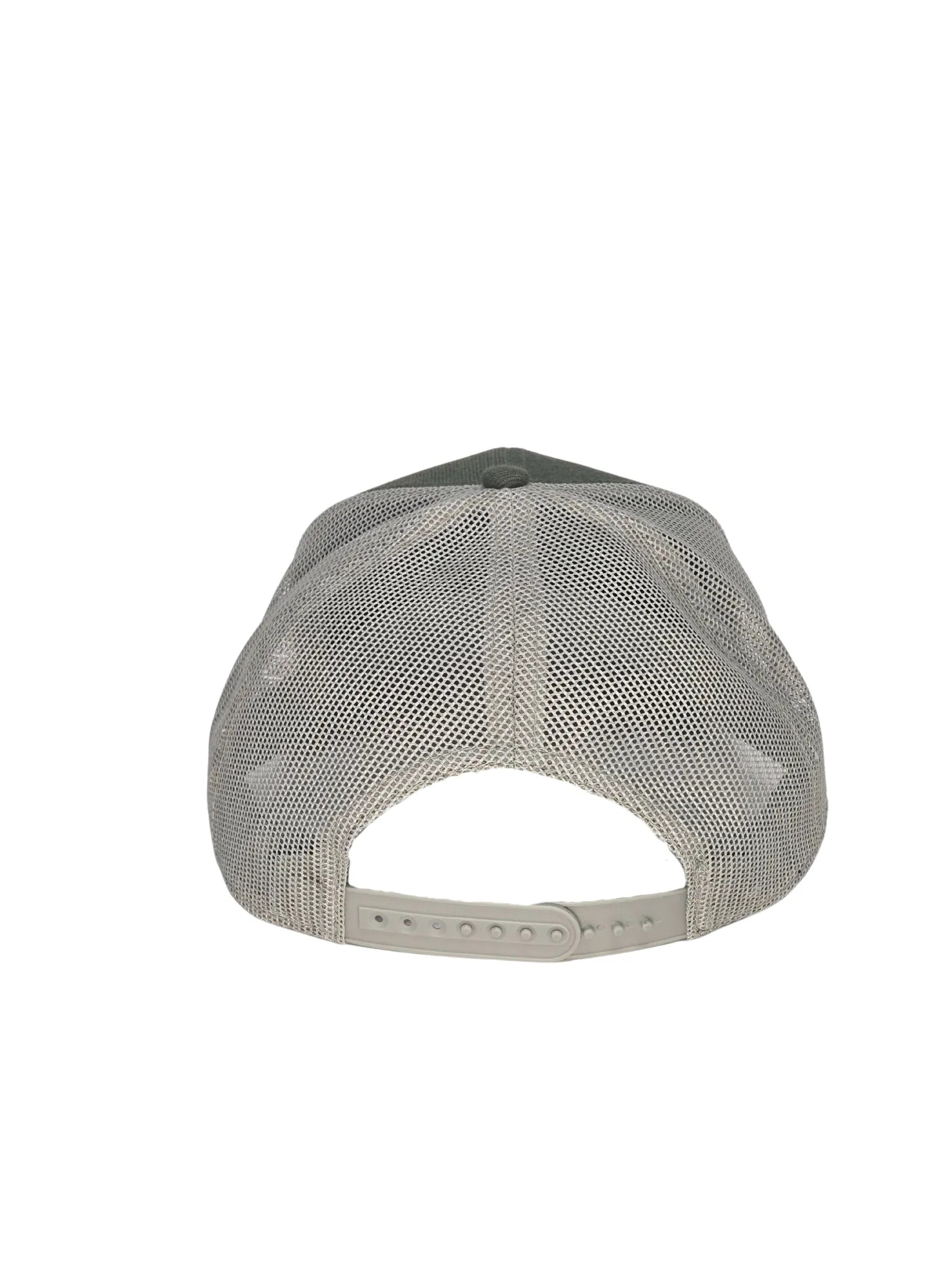 Back view of a gray cap with mesh design on a white background