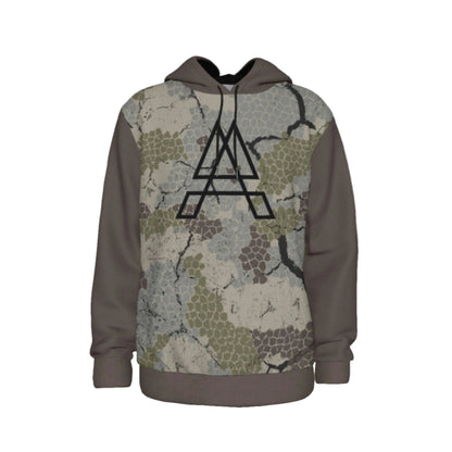 Hoodie with camouflage pattern and black  logo on a white background