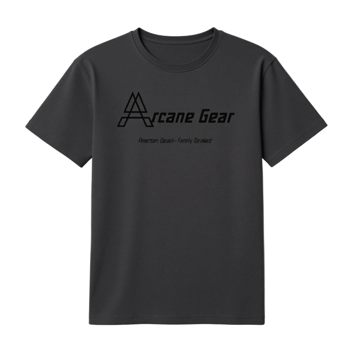 Black t-shirt with 'Arcane Gear' logo on a white background