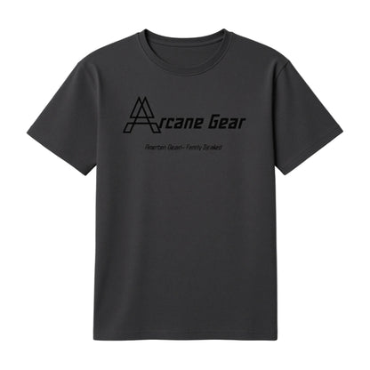 Black t-shirt with 'Arcane Gear' logo on a white background