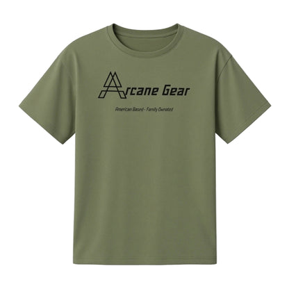 Green t-shirt with 'Arcane Gear' logo on a white background