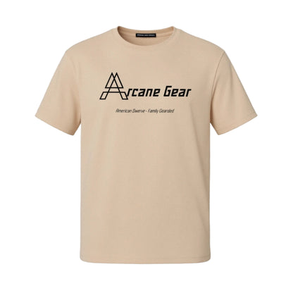 Beige t-shirt with 'Arcane Gear' logo on a white background