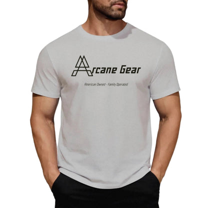 Man wearing a light gray t-shirt with 'Arcane Gear' logo on a white background