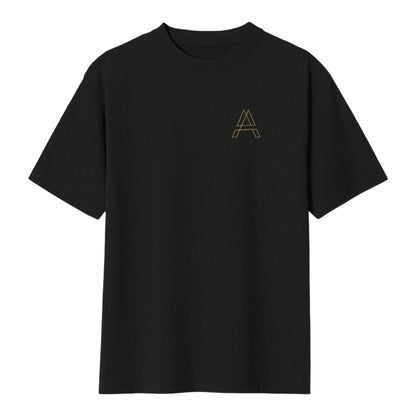 Black t-shirt with a gold Arcane Gear logo on a white background