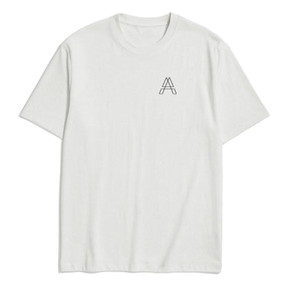 White t-shirt with a small Arcane Gear logo on a white background