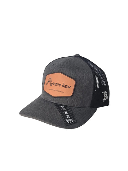 Gray cap with leather patch and branding on a white background