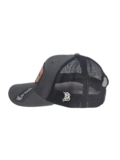 Gray cap with mesh back and brand logo on a white background
